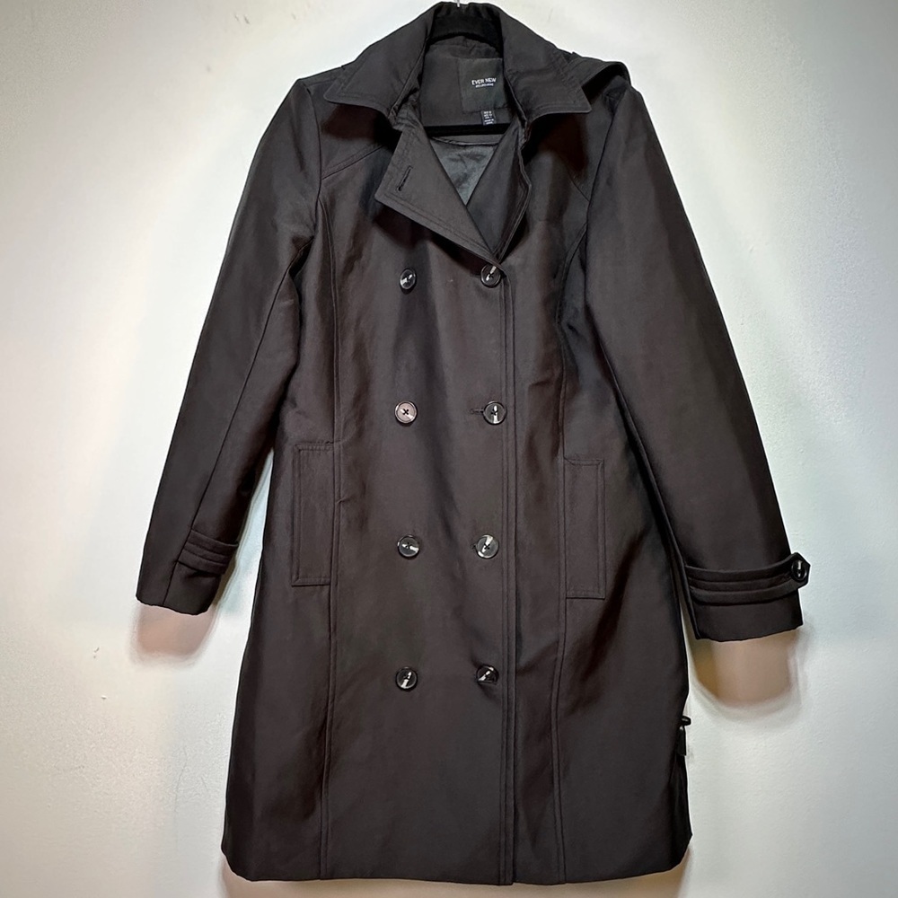 Ever New Black Double Breasted Hooded Trench Coat Lined Classic Size 8